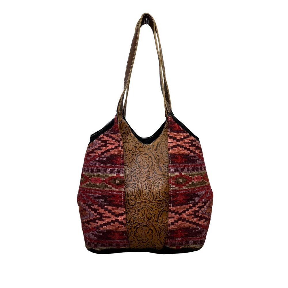 Pokoloko Women’s Multicolor Fabric & Leather Boho Pattern Handmade Tote Bag Sz M